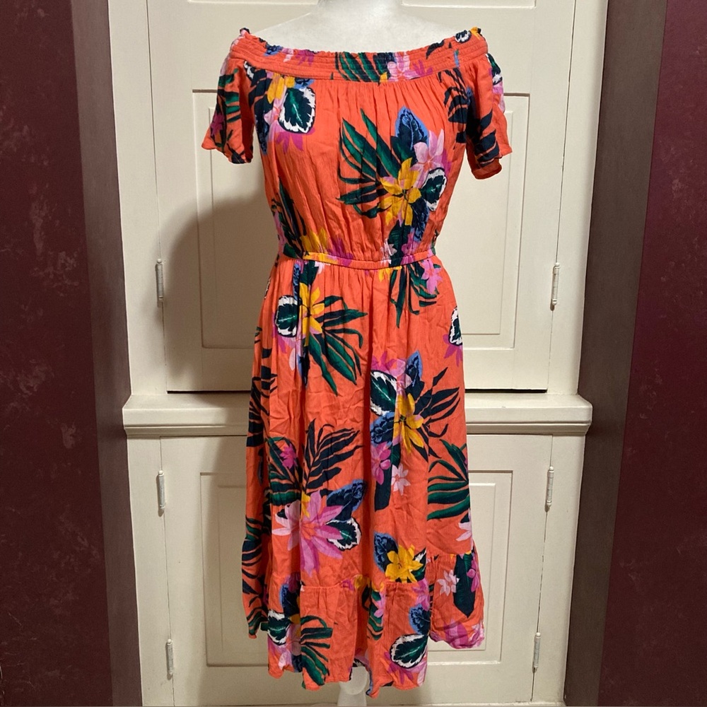 Old Navy Coral Tropical Off-Shoulder Midi Dress